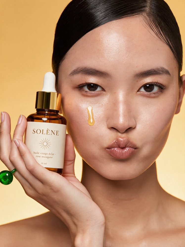 Affiche SOLÈNE : une femme tient le flacon d'huile visage près de son visage